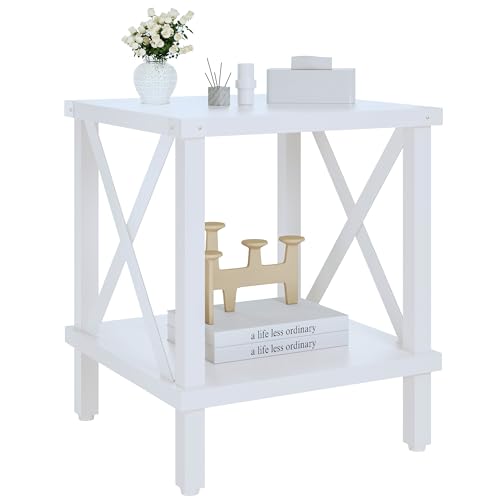 MMEOLUOOK Large End Table Farmhouse Side Table Industrial Style Sofa Table Metal X Accent Wood Coffee Table NightStand with Storage Shelf for Living Room Bedroom White MLBZ16W