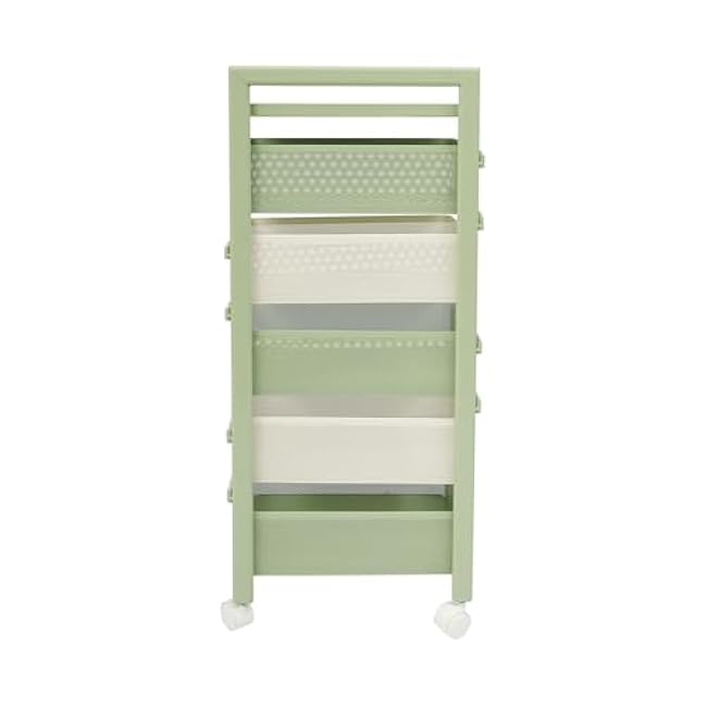 Rotating Kitchen Storage Rack with 5 Baskets, Spice Organizer Cart with Wheels & Brakes, Carbon Steel Vegetable Basket for Pantry, Fruits, Vegetables - Green & White, 13.8x10.3x34.5''-Jddf4evH