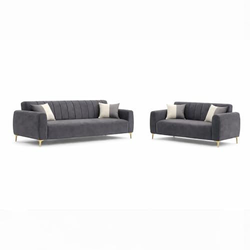 Image of Habibi Rich Velvet Suede 3+2 Seater Sofa Set | Spacious Soft Touch Comfort Seating | 5 Person Seating | Modern Living Room Sofa Set (Dark Gray)