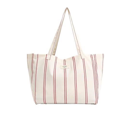 Image of Jeelow Large Striped Or Patterned Canvas Tote Bag for Women Men Shoulder Handbag with Zipper Pocket Travel