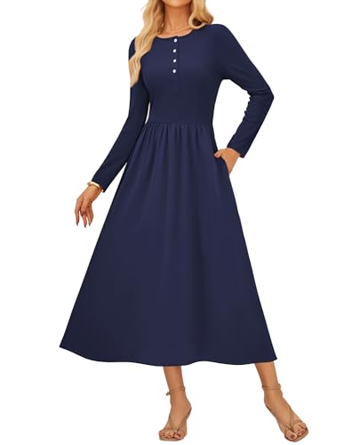 Herbstkleid Damen Elegant A-Linie Langarm Midi Kleider Rockabilly Damen Festliche Hochzeitsgast Dunkelblau XL