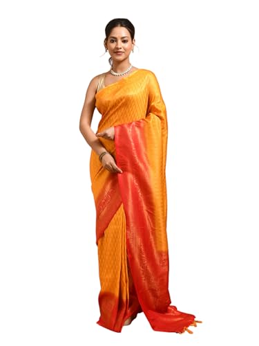 Stotra Golden Leaf Design Semi Silk Kanjeevaram Saree with Red Border