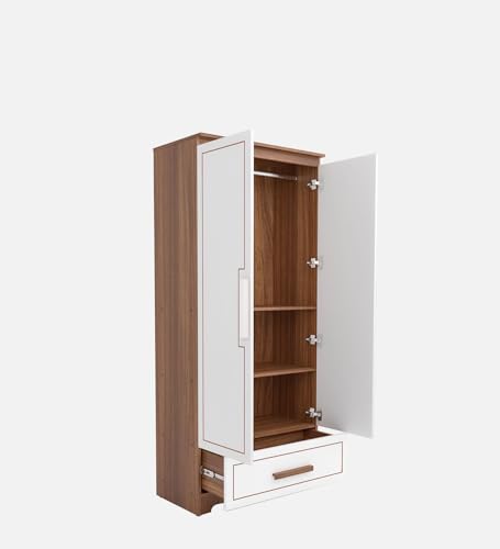 Image of COUCH CULTURE Amber Engineered Wood 2 Door Wardrobe with Drawer | Almirah | Wardrobe with Hanging Rode and Lock | Storage Organizer | Multipurpose Almirah | 1 Year Warranty - White & Leon Teak