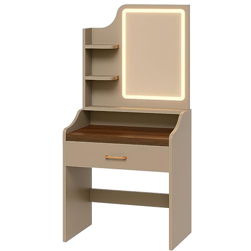 FRANKYSTAR Aphrodite - Toilette de maquillage console avec lumière LED tiroir 3 étagères et prises de poste de maquillage en bois taupe