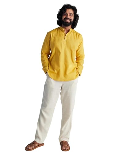 Image of SAADAA Men's Short Kurta - Linen Cotton Blend, Airy Fabric, Regular Fit, Mandarin Collar, Solid Color - Casual, Festive & Ethnic Wear