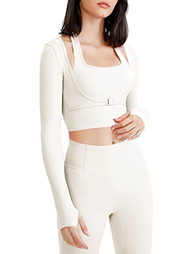 Flygo Yoga Shirts With Built In Bra Cutout Padded Crop Tops Long Sleeve Gym T Shirt For Women Workout(Beige-S) #TOP23