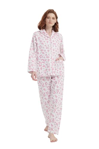 amaxer Women's Flannel Pajama Set 100% Cotton Pajamas For Women Long Sleeve Elastic Drawstring Pjs Button Warm Sleepwear3