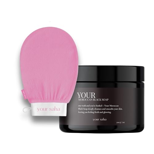 Your Moroccan Exfoliation Duo Set includes Your Moroccan Black Soap & Your Kessa Exfoliating Glove in Mocha Chocolate for Dead Skin Removal Traditional Hammam Body Exfoliation Smooth Radiant Skin