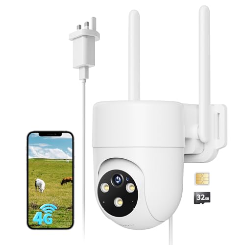 NUASI 4G LTE Security Camera Outdoor, 2K CCTV PTZ Camera with Full Color Night Vision Support AI human detection, Two-way audio and 24/7 Recording with SIM Card and 32GB Included