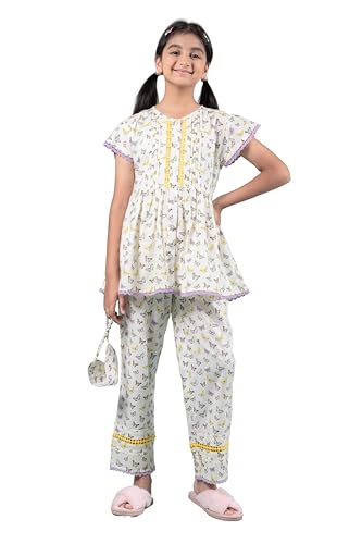 Image of Tweeny Mini Girls Kids Pure Cotton Nightsuit | Nightwear | Sleepwear | Nightdress with Pajama and Halfsleeve Top Cute Butterfly Printed with Eye Mask