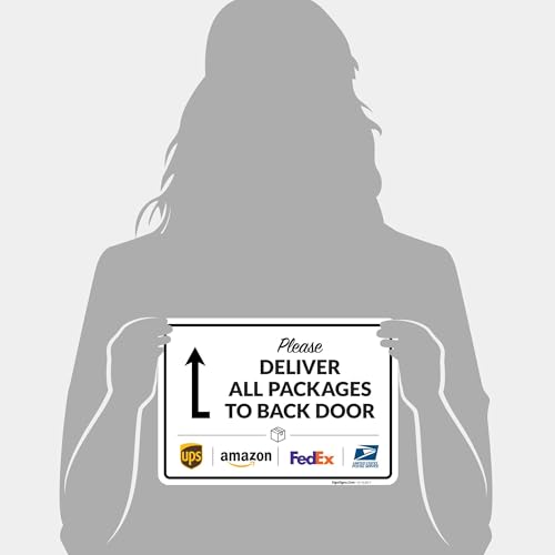 Image of Package Delivery Sign, Delivery Instructions All Package To Back Door Sign, 10x7 Inches, 4 Mil Vinyl Decal Stickers Weather Resistant, Made in USA