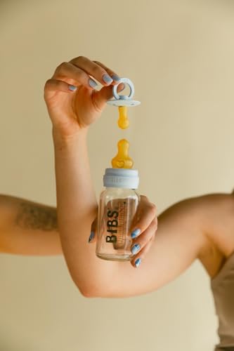 Image of BIBS Baby Glass Bottle. 4 US fl oz / 120 ml. Anti-Colic. Vented Round Natural Rubber Latex Nipple. Supports Natural Breastfeeding, Slow Flow, Complete Set - Baby Blue