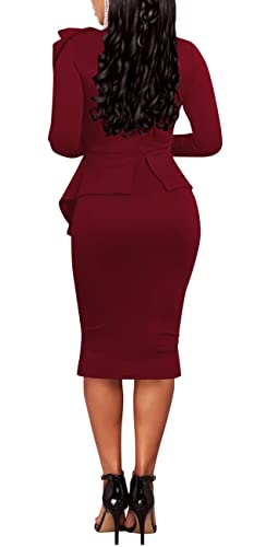 Image of Women's Fashion Peplum Bodycon Dresses Short Sleeve Bow Club Ruffle Pencil Party Dress