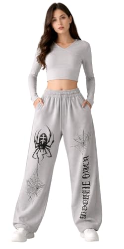 Image of CRAMPLEWomen's Graphic Print Wide Leg Sweatpants, Elastic Waist with Drawstring, Casual Streetwear Joggers
