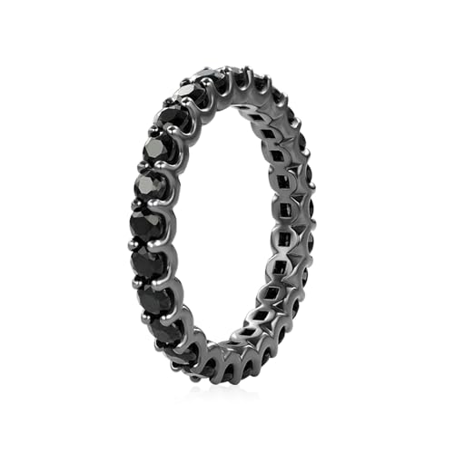 Daffany Sterling Silver Black Onyx Round-Cut Statement Eternity Band Ring | 2.0mm Stackable Eternity Bands for Women| Wedding Ring Band for Women | Promise Ring for Couples, Size 5-93
