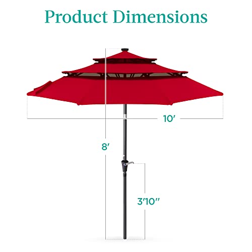 Best Choice Products 10Ft 3-Tier Solar Patio Umbrella, Outdoor Market Sun Shade For Backyard, Deck, Poolside W/ 24 Led Lights, Tilt Adjustment, Easy Crank, 8 Ribs - Red #TOP6