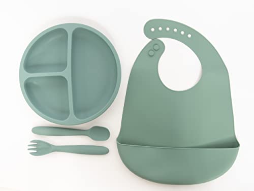 Image of Lila & Jack's Baby Feeding Set, BPA Free, Food Grade Silicone Dinner Plate and Cutlery Set, Learn to Eat on Your Own, Set Includes Spork, Spoon, Bib and Plate (Green), (AT1747)