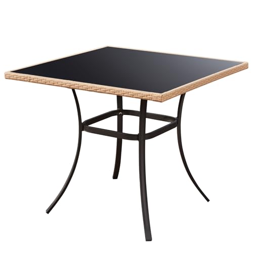 ECOTOUGE 35.2\" Square Patio Table, Outdoor Wicker Dining Desk with Tempered Glass Top for 4-5 Persons, Bistro Rattan Furniture Garden Table for Balcony, Backyard, and Sunroom - Black Metal Steel Slat