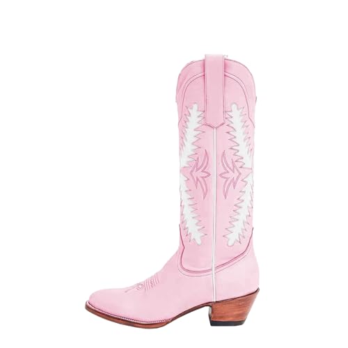Women's Fashion Embroidered Cowboy Boots, Almond Toe Chunky Heel Pull On with Tree Leaf inlay Knee High Boots