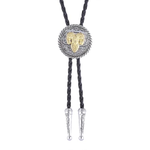 Image of GelConnie Longhorn Bull Bolo Tie for Men Native American Western Cowboy Leather Necktie Bolo Necklace for Women Gold Texas
