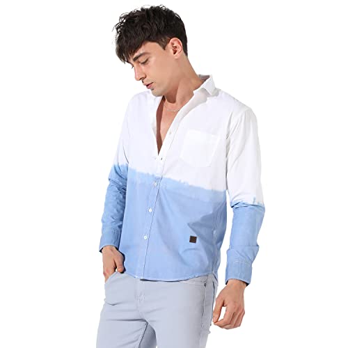 Image of CAHOOT Men's White Colourblocked Button Up Collared Shirt for Casual Wear | Shirt Crafted with Regular Sleeve, Comfort Fit & High-Performance for Everyday Wear