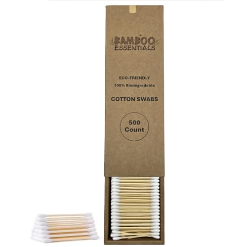 Bamboo Essentials Eco-Friendly Cotton Swabs – 500 Count – Biodegradable, Plastic-Free, Sustainable Bamboo & Organic Cotton Buds – Gentle for Sensitive Skin