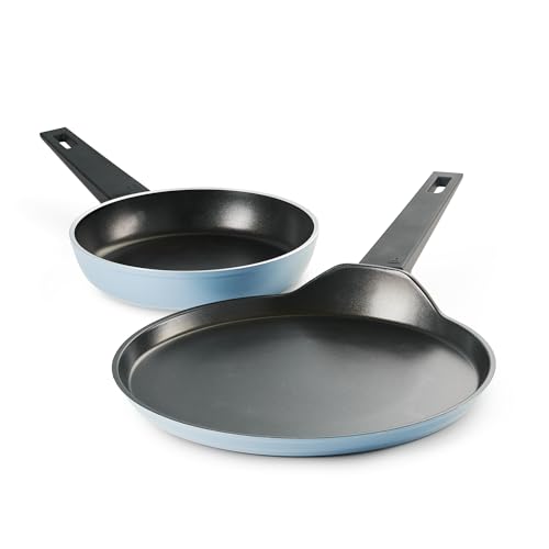 TRAMONTINA Aura Cookware Set of 2- Frypan 20cm, Dosa tawa 28cm | Reinforced Ceramic Non-Stick Cookware | Quick & Even Heating | Low-Oil Cooking | Bakelite Handle | Induction & Gas | Blueberry