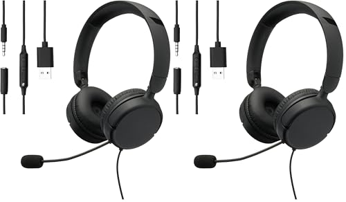 Image of Amazon Basics On Ear Wired Computer Headset with Adjustable Microphone, 3.5mm Port or in-Line Control with USB-A Port, Foldable, Clear Sound, Small /Medium Size, Black (Pack of 2)