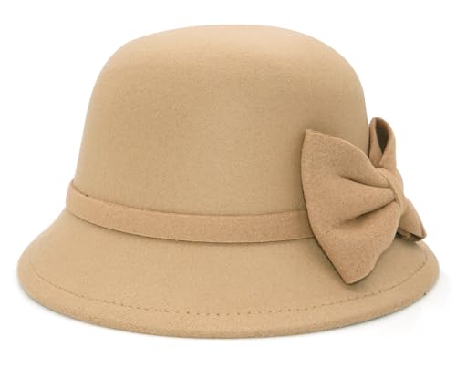 Buywis Damen Filz Cloche Bowler Hut mit Schleife Fedora Bucket Hat 1920er Vintage Derby Kirchen Hüte, beige, Einheitsgröße