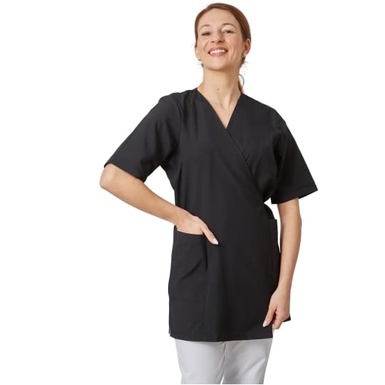 Hurry Jump Tunique de Travail Forme Kimono Polyester Noir Noir Idéale Blouse esthéticienne...