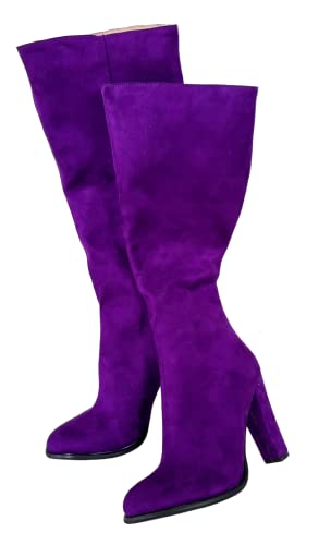 Frankie Hsu Ladies Girls Sexy Unisex Chunky Block Knee High Middle Heeled Wide Calf Long Boots, Purple Suede Style, Big Large Size US4-14 Fringe Cowgirl Shoes For Women Men
