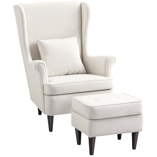 HOMCOM Sillón con Reposapiés Sillón Lectura con Respaldo Alto Capitoné Patas de Madera Almohada Acolchada y Tapizado en Lino Butaca para Salón Dormitorio Oficina Beige