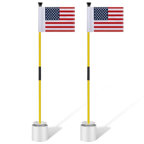 Meooeck 2 Pack Golf Flagstick 3ft Putting Green Pin Flag and Hole Cup Set for Yard Portable 2 Section Fiberglass Mini Golf Set for Driving Range Backyard, Double-side American Flag