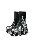 HiColor women’s side zipper high heeled silver Flames Printing Chunky sole boots Short boots round toe boots