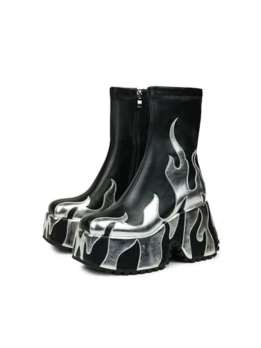 HiColor women’s side zipper high heeled silver Flames Printing Chunky sole boots Short round toe boots