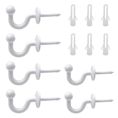 CPSYTE 6 Pcs Alzapaños de Cortina Blanco en Forma de U Gancho Alzapaños de Cortinas Pared Extremo Bola Aleación Zinc Gancho para Atar Cortina y Colgar Ropa Blanco,con Piezas de plástico de fijación