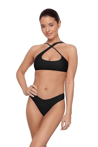 Aqua Green Next-Gen Criss Cross Bikini Set with Scoop Hipster Bottoms, Black, Small