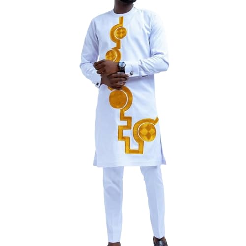 African Suits For Men 2 Piece Pants Sets White Long Top Shirts And Solid Color Pants Fashion Outfits