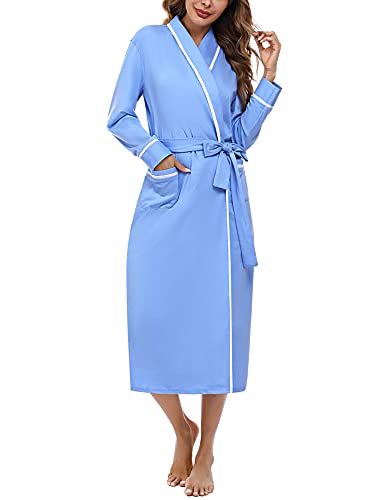 Uniexcosm Bata Mujer, Bata Mujer Algodon Larga Mujer Casa con Bolsillo Manga Larga Albornoz con Escote en V Bata de Mujer con Cinturón Kimono para Hogar Vacaciones Azul XL Cover