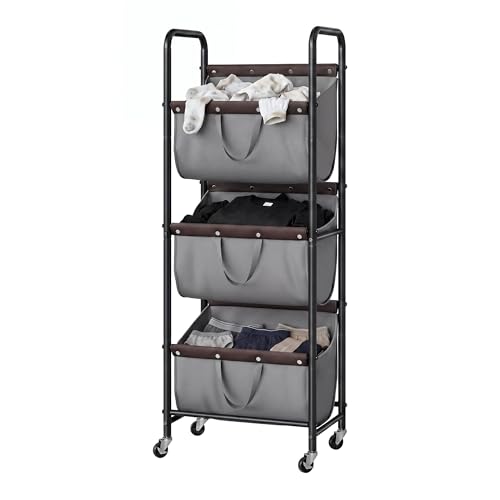 GRANNY SAYS 3 Section Tiered Laundry Sorter, Slim Vertical Laundry Hamper with Wheels, Narrow Rolling Laundry Cart with Removable Bags for Laundry Room, Bathroom, Closet, Dorm, Grey