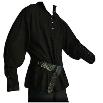 JIEFULL Fantasia masculina de pirata medieval - blusa vintage com gola alta - camisa de punho largo escocês mercenário (preta 3GG)