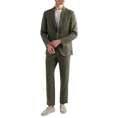 Men Linen 2 Pieces Olive Green Leisure Tuxedos Prom Business Summer Beach Casual Suits Blazer Pants