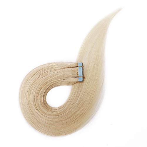 Tape In Hair Extensions Human Hair Platinum Blonde 20 inch Long Straight Seamless Skin Weft Natural Hair Invisible Double Sided Tape 20pcs 50g+10pcs Replacement Tapes #60