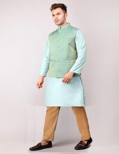 Image of Men's Cotton Silk Blend Regular Kurta Pyjama, Embroidered Nehru Jacket /Waistcoat Set