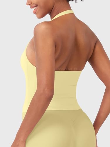 Image of YEOREO SoftHue Women's Impact Halter Tank Top Longline Backless Scoop Neck Built-in Bra Sports Workout Gym Crop Top