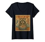 donna divertente kawaii ramen tagliatelle giapponesi raccoon mangiare ramen maglietta con collo a v