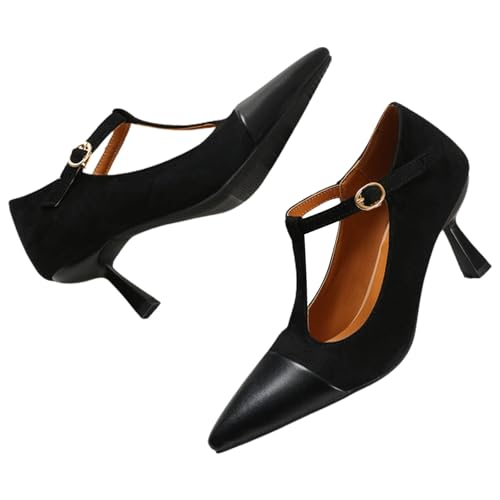 baobeijiadao Women’s Pointed Toe Pumps Mid Kitten Heel T-Strap Heels Ankle Buckle Dressy Wedding Office Shoes3