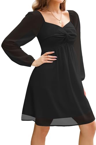 Image of Women Black Graduation Dresses Long Puff Sleeve Sweetheart Neckline Chiffon Aline Short Dress