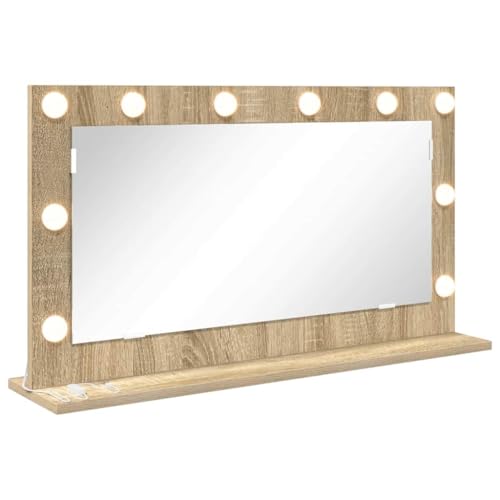 vidaXL Espejo de tocador con Luces LED, montado en la Pared de Roble Sonoma, 80 x 45 x 18 cm, diseño Rectangular, Ideal para baño o Dormitorio. Tiene un Interruptor de Palanca y la iluminación está
