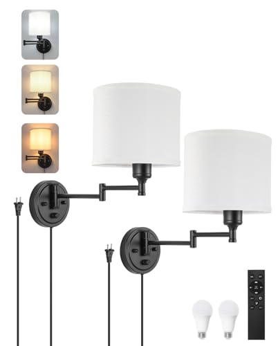 Image of Plug in Wall Sconces with Remote Control, Dimming 10%-100% & Adjustable Colors 2700K-6500K, Hardwire or Plug-in, Swing Arm Wall Lamp with White Fabric Shade, Wall Sconces Set of Two, Black Finish